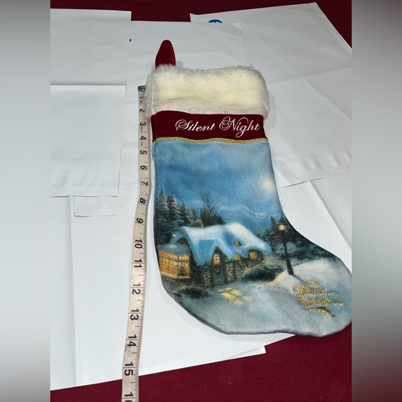 THOMAS KINKADE Silent Night Christmas Stocking Gold Embroidery 15" Satin Lining - Picture 6 of 13